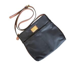 Calvin Klein Crossbody Bag Womens Medium Black Nylon Brown Trim Zip Pocket